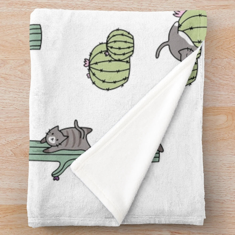Cacti Cats Plush Blanket with Cute Feline and Cactus Pattern