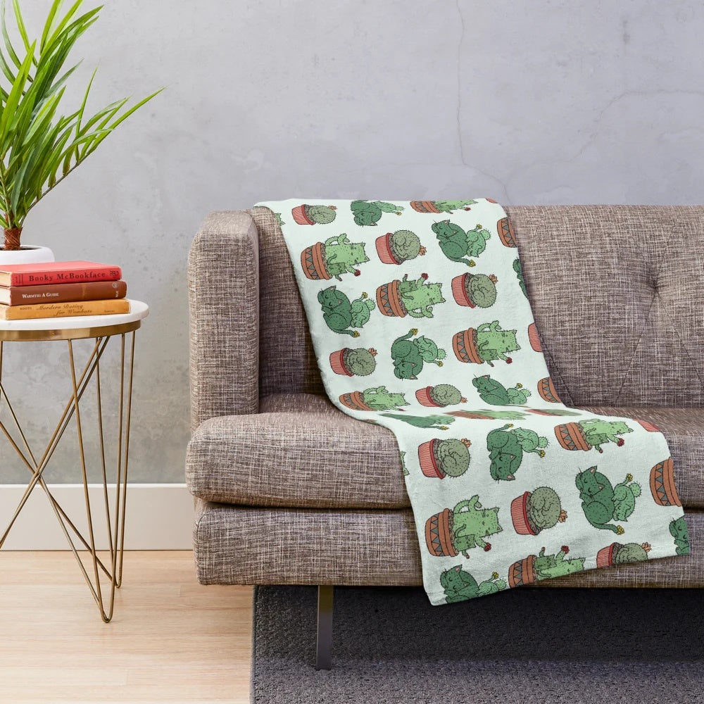 Cactus cats print plush blanket with cute feline illustration