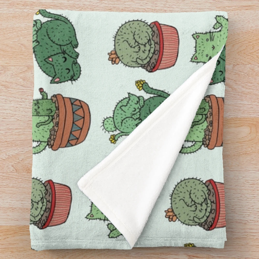 Cactus cats print plush blanket with cute feline illustration
