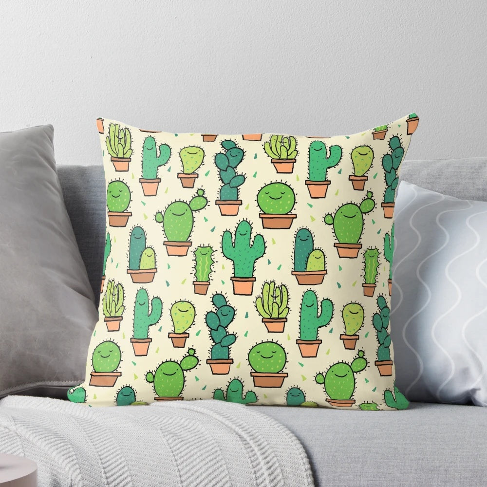 Tan background with a cheerful cactus pattern design on a plush, decorative pillow.