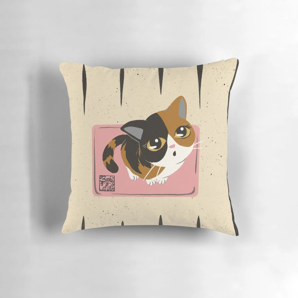 Soft and cuddly "Please Mom" pillow featuring a cute calico cat