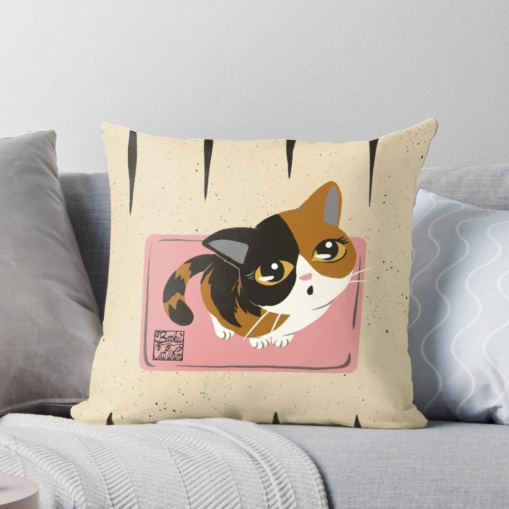 Soft and cuddly "Please Mom" pillow featuring a cute calico cat