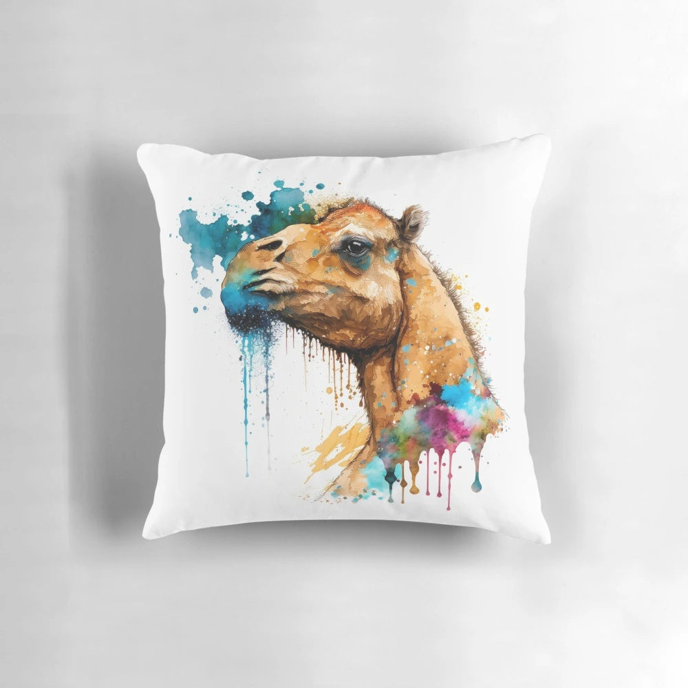 Vibrant watercolor painting of a cute camel on a throw pillow