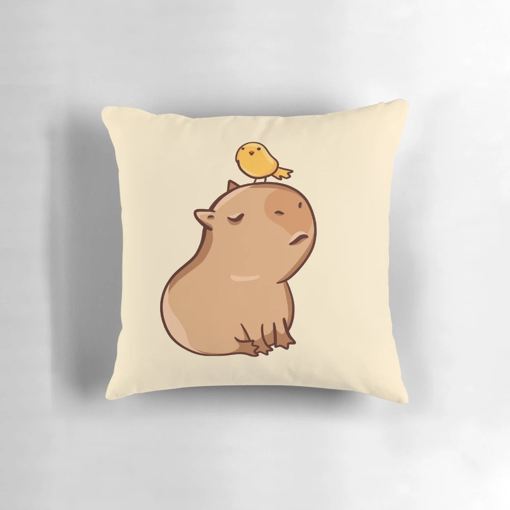 Soft and plush pillow featuring a cute capybara and bird design