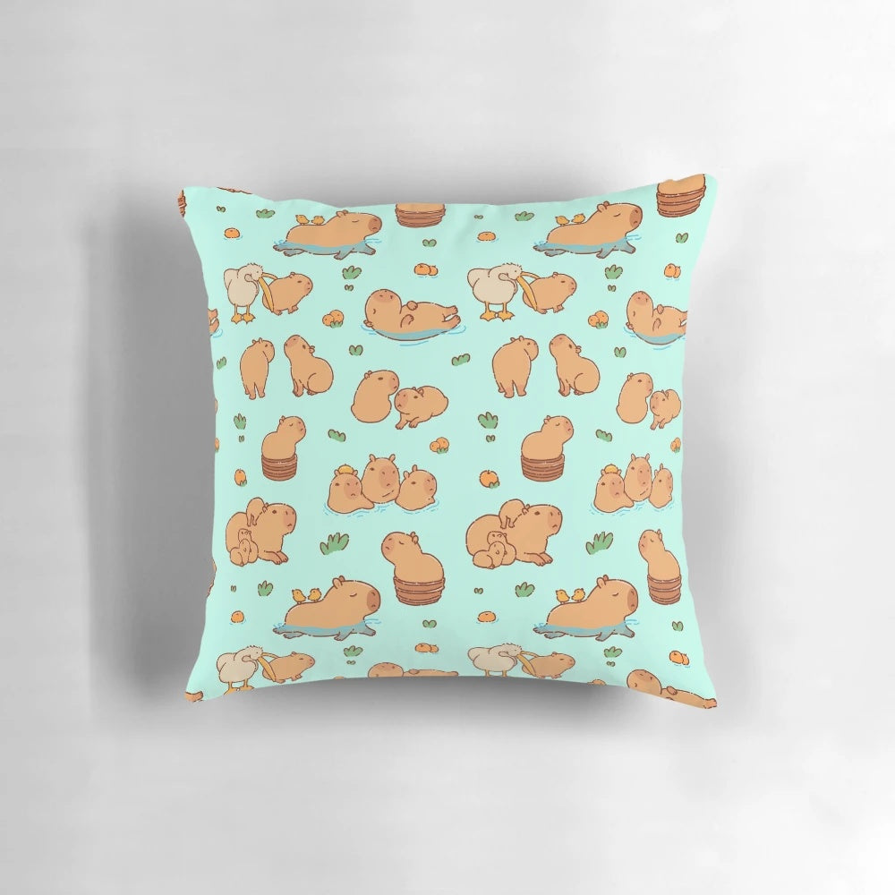 Adorable capybara seamless pattern design on a pillow, featuring the giant rodent from South America.