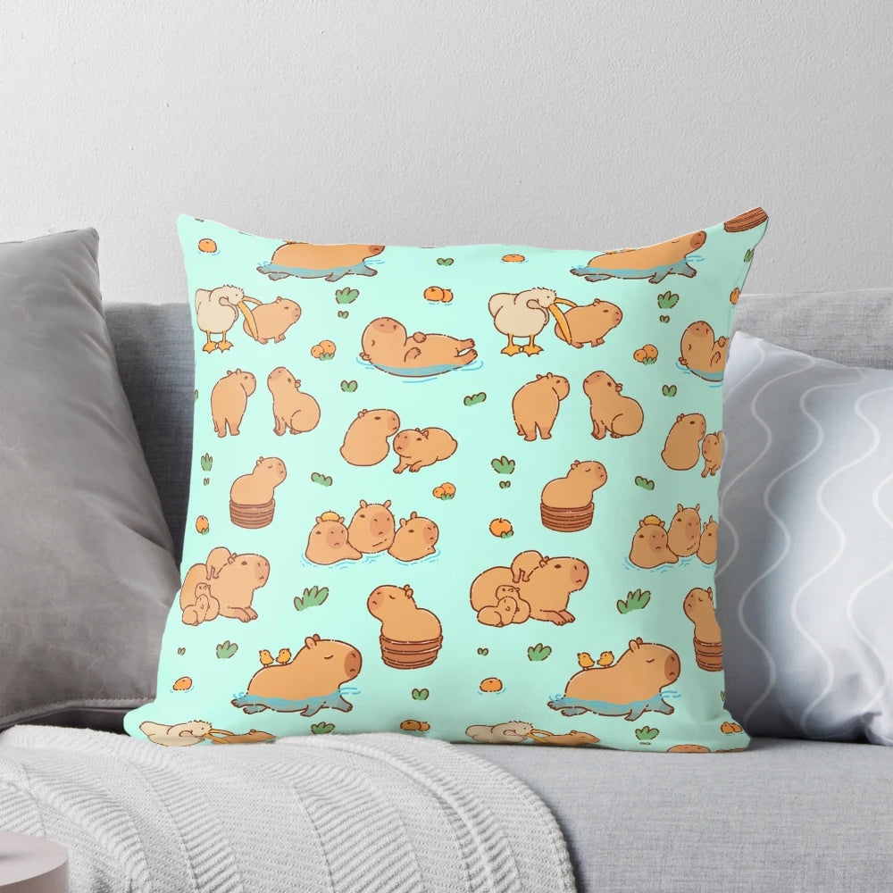 Adorable capybara seamless pattern design on a pillow, featuring the giant rodent from South America.