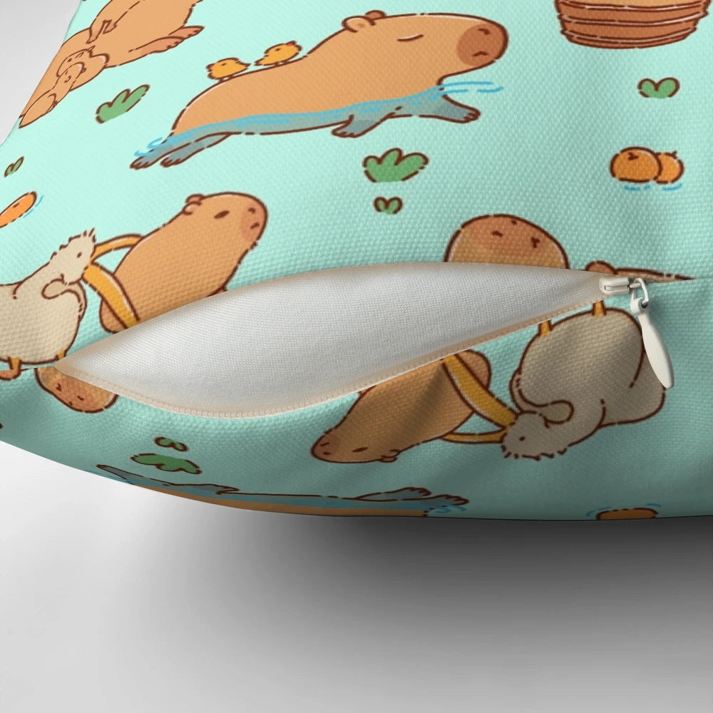 Adorable capybara seamless pattern design on a pillow, featuring the giant rodent from South America.