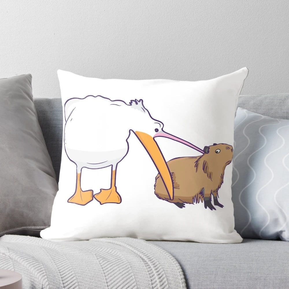 Cute and funny meme pillow featuring a pelican trying to eat a relaxed capybara