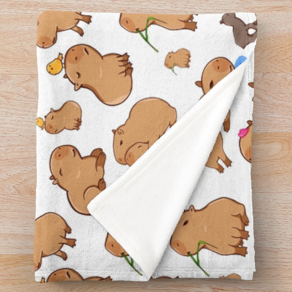 Capybara pattern plush blanket featuring a cute, friendly cartoon capybara design