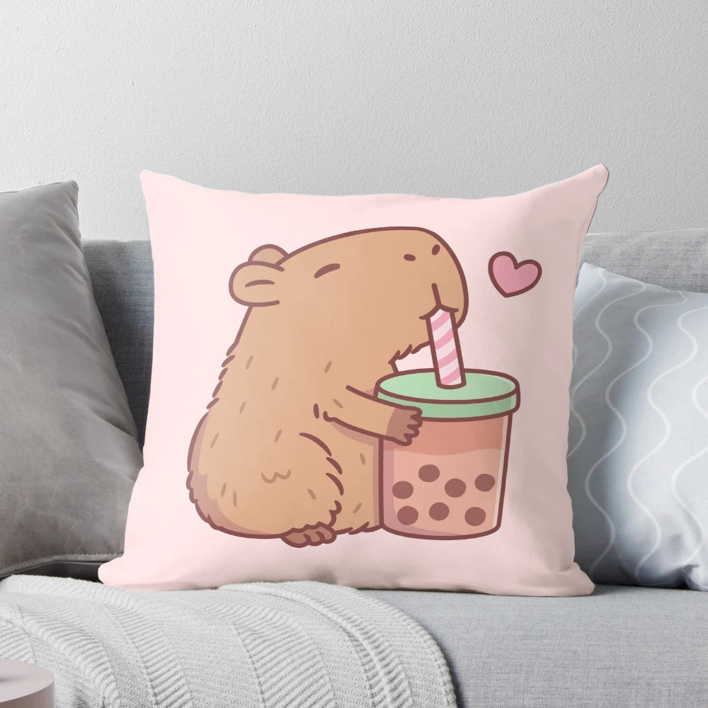 Cute capybara plush pillow with bubble tea or boba tea design
