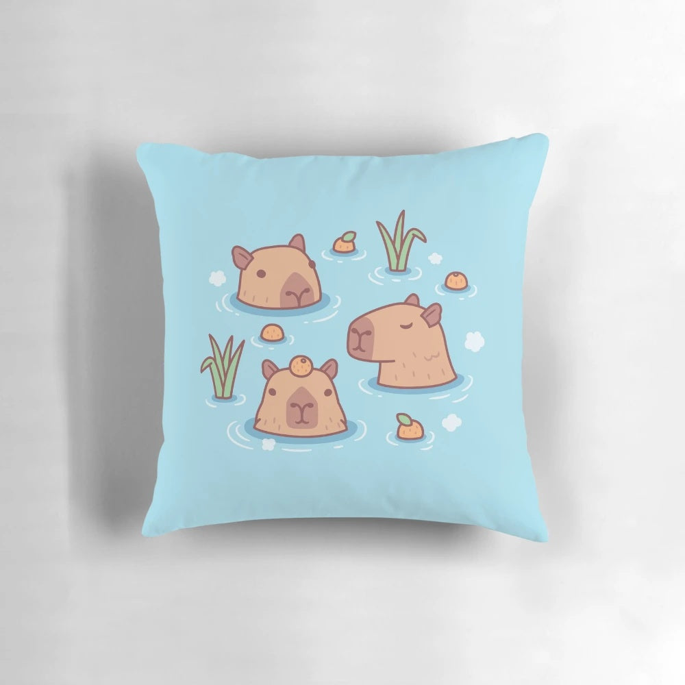Cute capybaras chilling in a Japanese hot spring with oranges