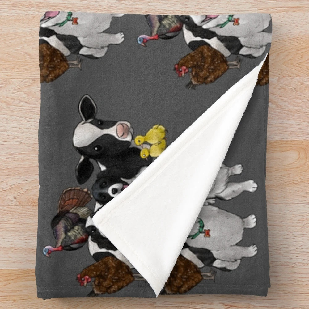 Plush blanket featuring cute cartoon illustrations of farm animals and pets
