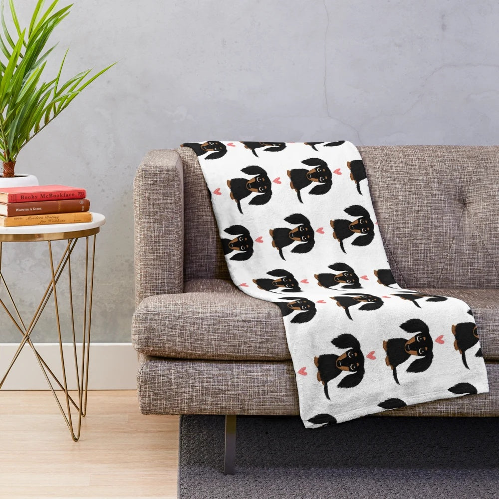 Black and tan long-haired dachshund cartoon dog with heart design plush blanket