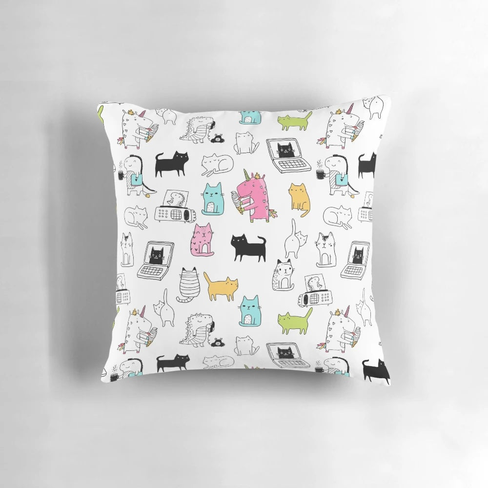 Colorful illustration of cute cartoon dinosaurs, unicorns, and other animals in a sticker set design