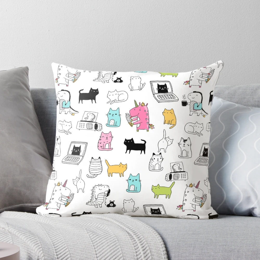 Colorful illustration of cute cartoon dinosaurs, unicorns, and other animals in a sticker set design