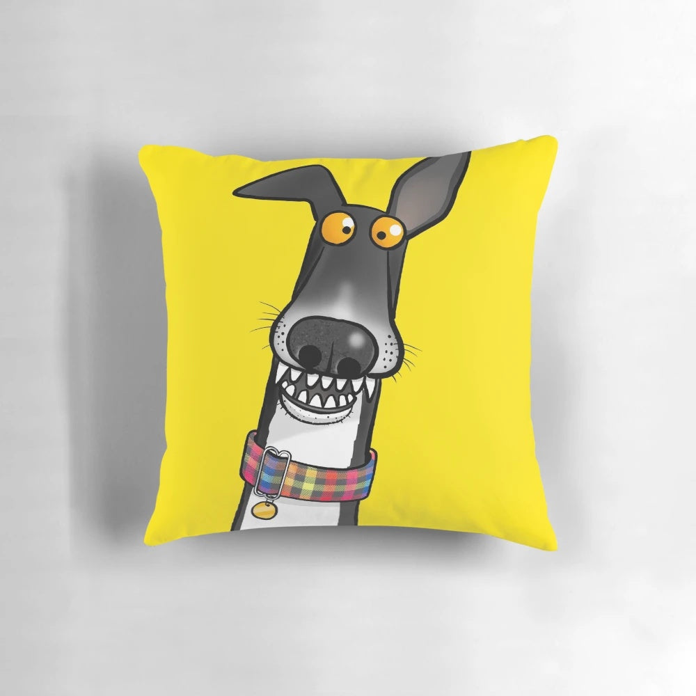 Cartoon illustration of a dog with teeth, printed on a plush pillow