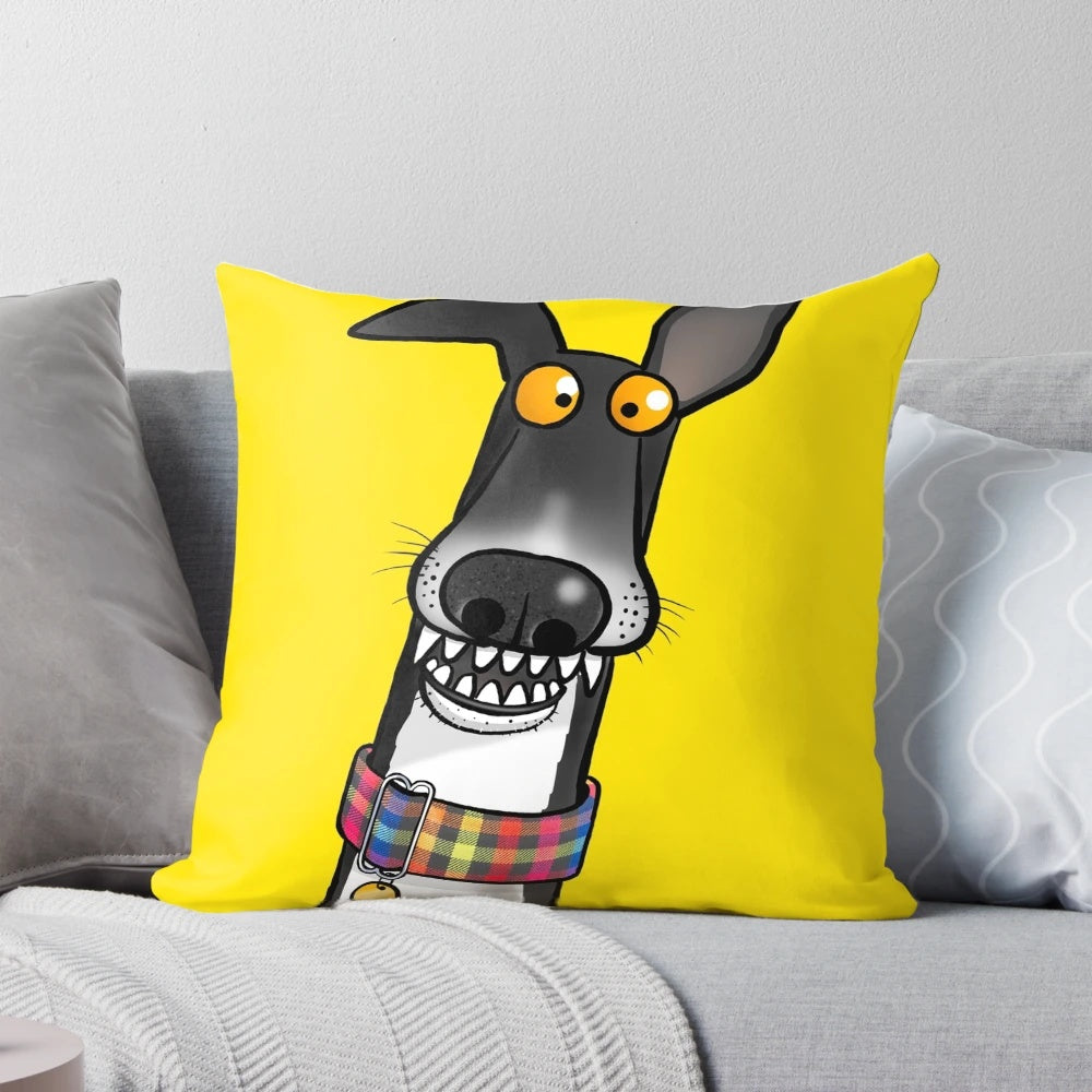 Cartoon illustration of a dog with teeth, printed on a plush pillow