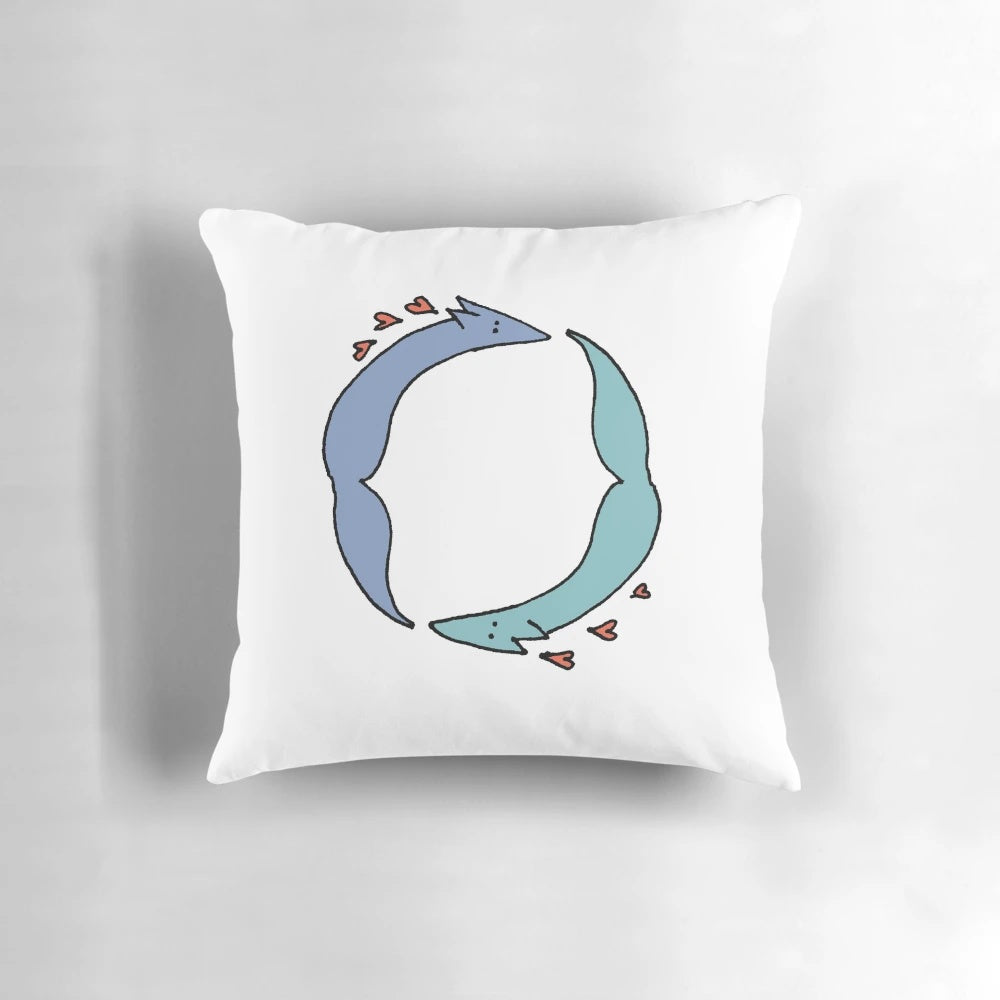 A cozy, decorative pillow featuring a cute cartoon fox couple in love.