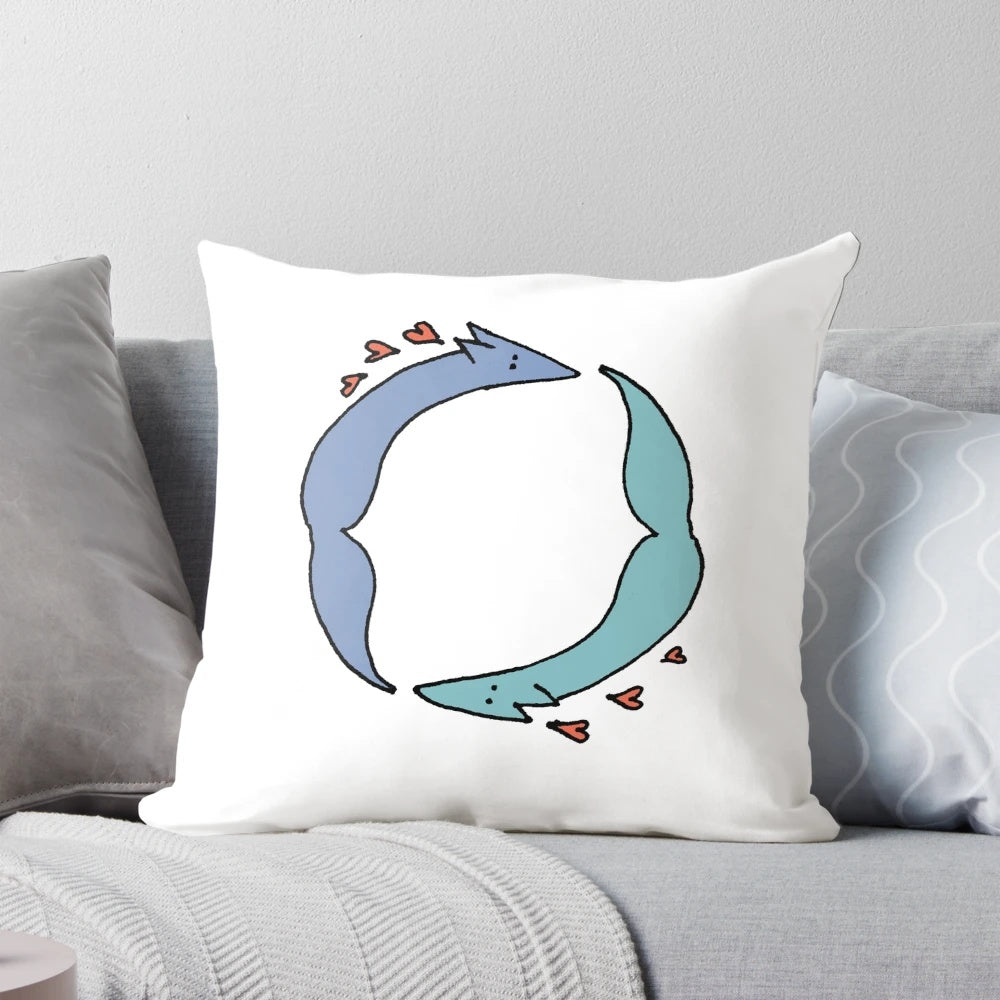 A cozy, decorative pillow featuring a cute cartoon fox couple in love.