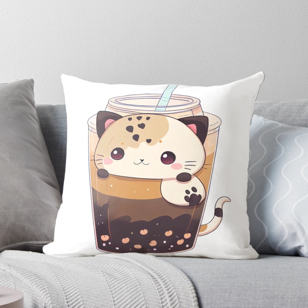 Soft and cuddly cat-themed boba tea bubble tea anime-inspired kawaii pillow