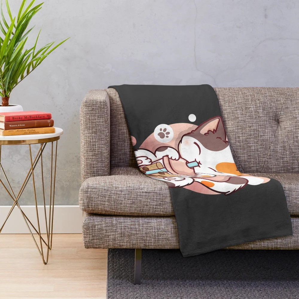 Cozy cat boba tea plush blanket with kawaii anime design