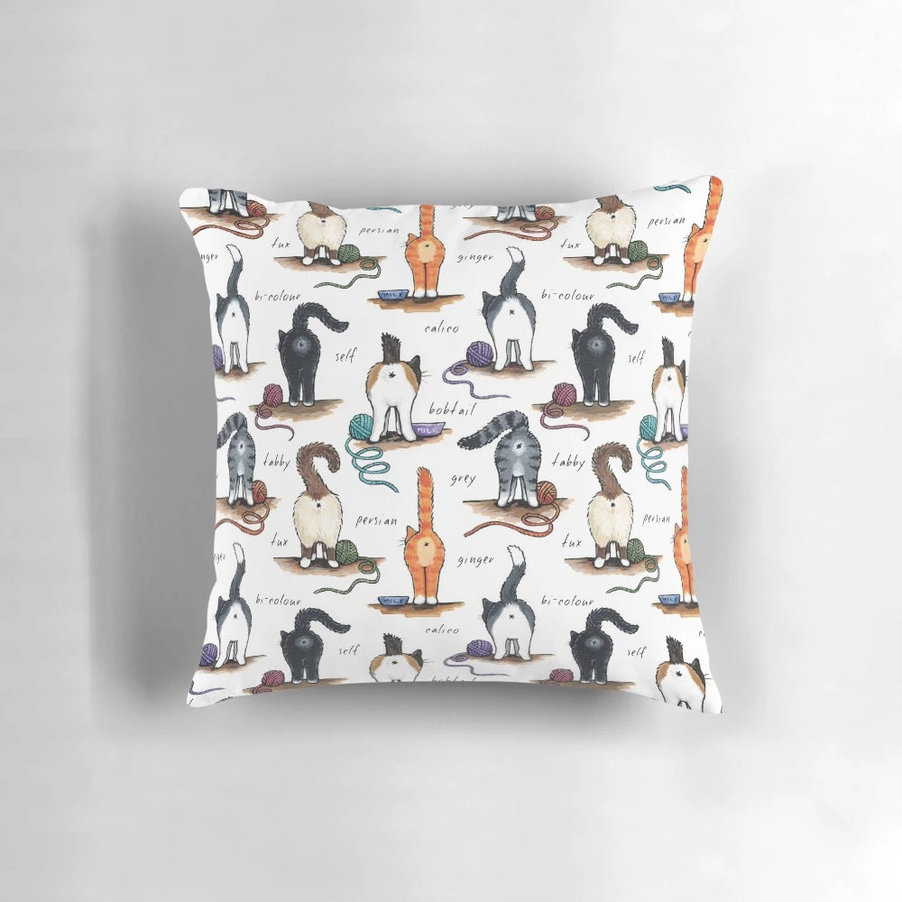 Cozy cat butt-shaped pillow with a playful, whimsical pattern