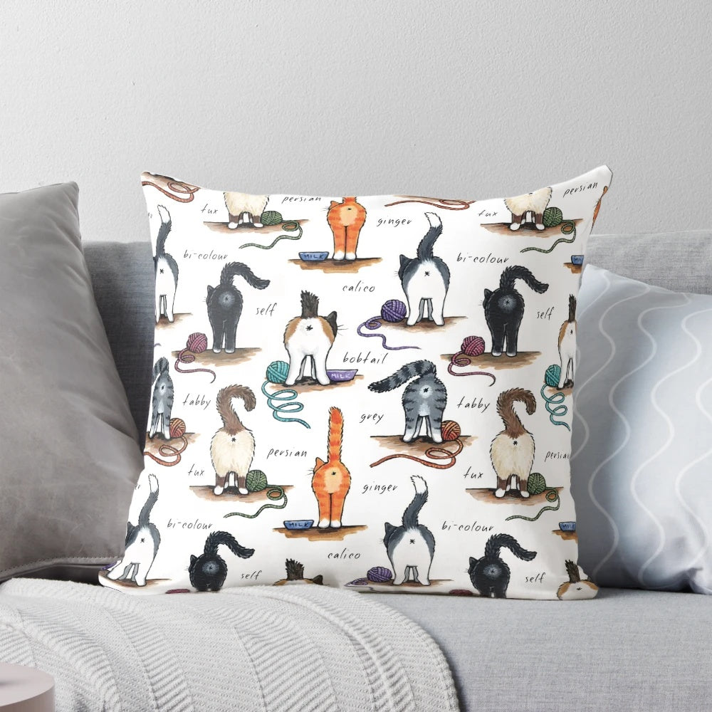Cozy cat butt-shaped pillow with a playful, whimsical pattern
