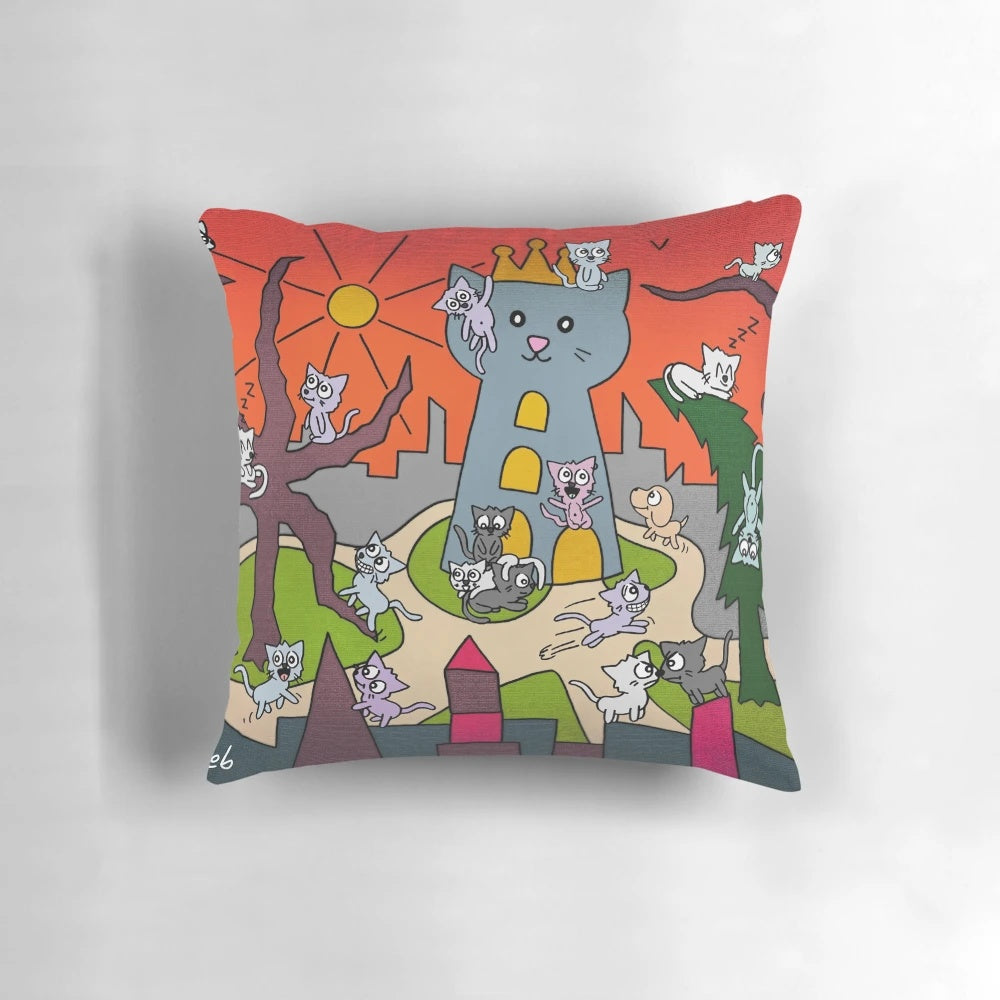 Whimsical illustrated pillow featuring a playful group of cats in a vibrant city scene