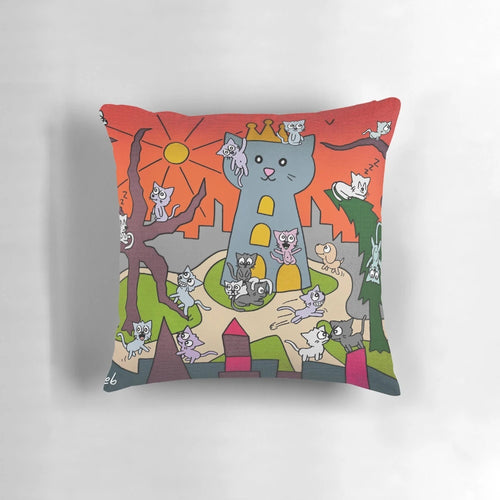Whimsical illustrated pillow featuring a playful group of cats in a vibrant city scene
