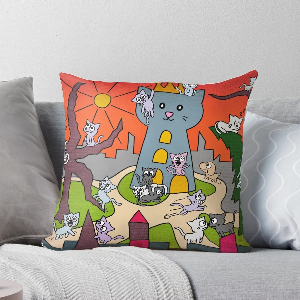 Whimsical illustrated pillow featuring a playful group of cats in a vibrant city scene