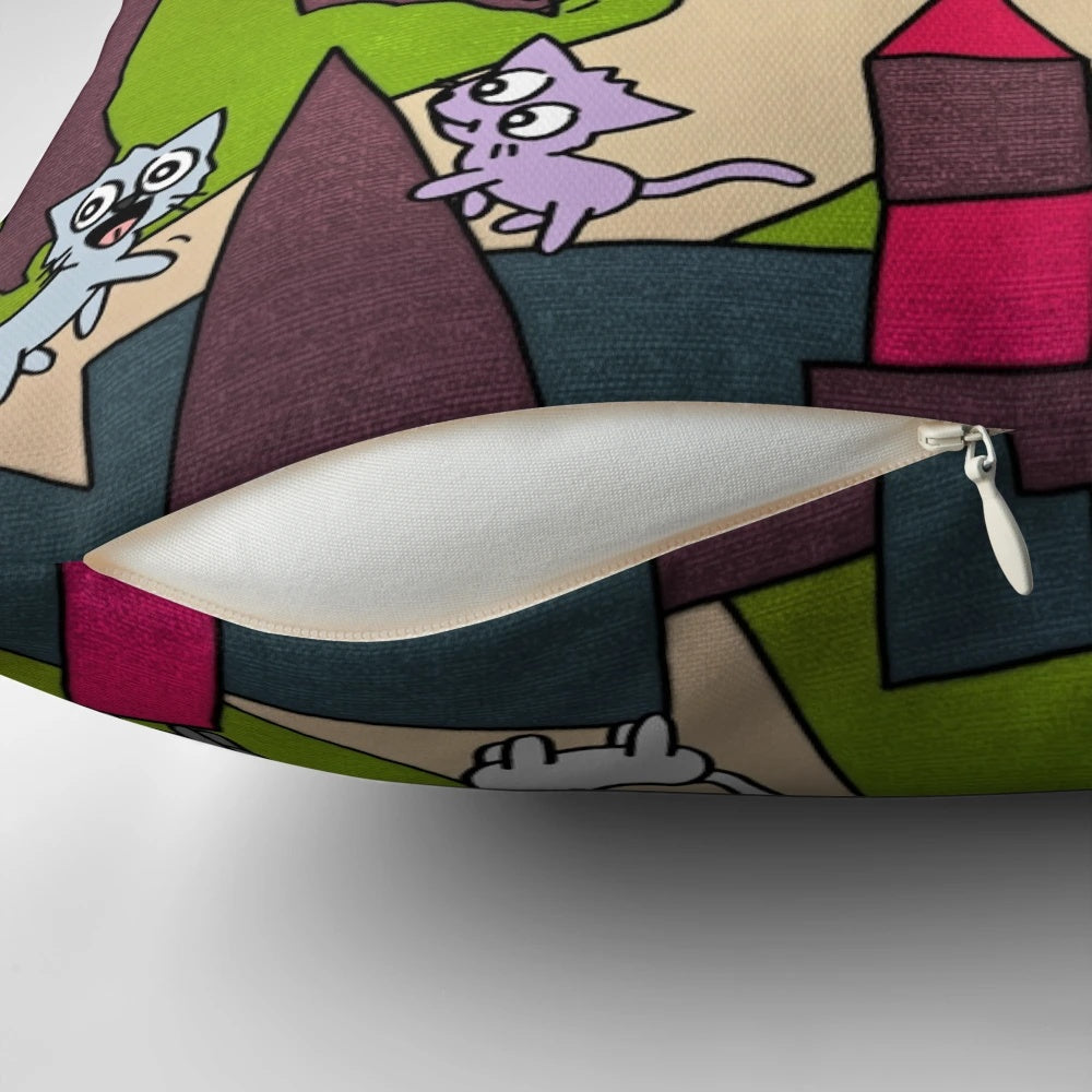 Whimsical illustrated pillow featuring a playful group of cats in a vibrant city scene