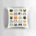 Assorted cat face illustrations printed on a fluffy throw pillow, featuring various cat breeds and patterns