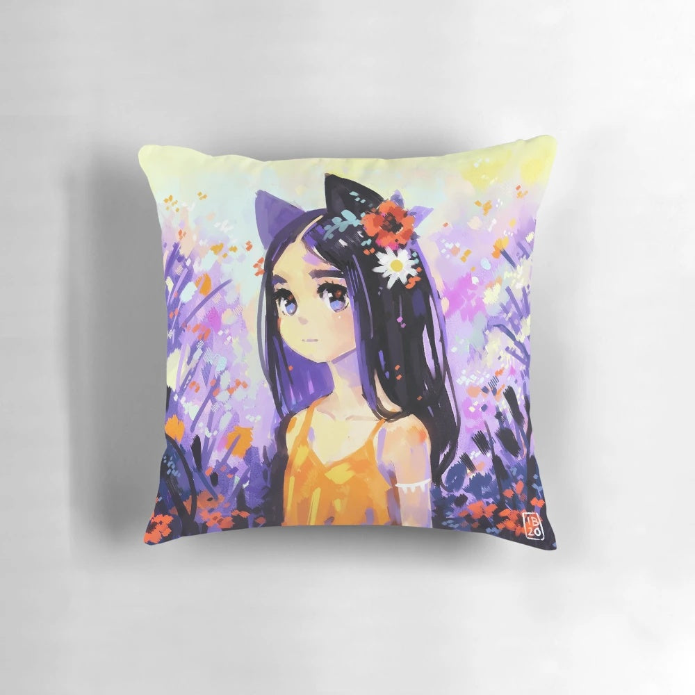 Soft, cute anime cat girl pillow with floral spring design