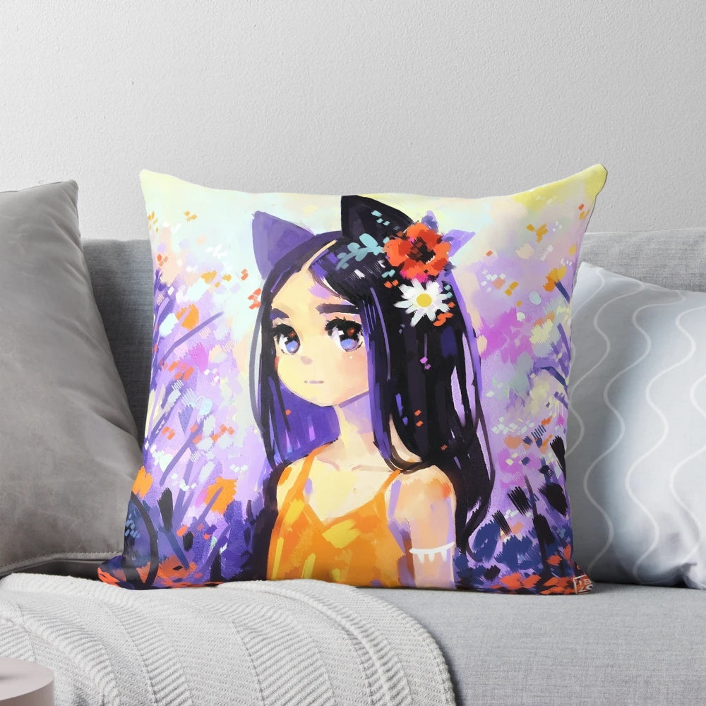 Soft, cute anime cat girl pillow with floral spring design