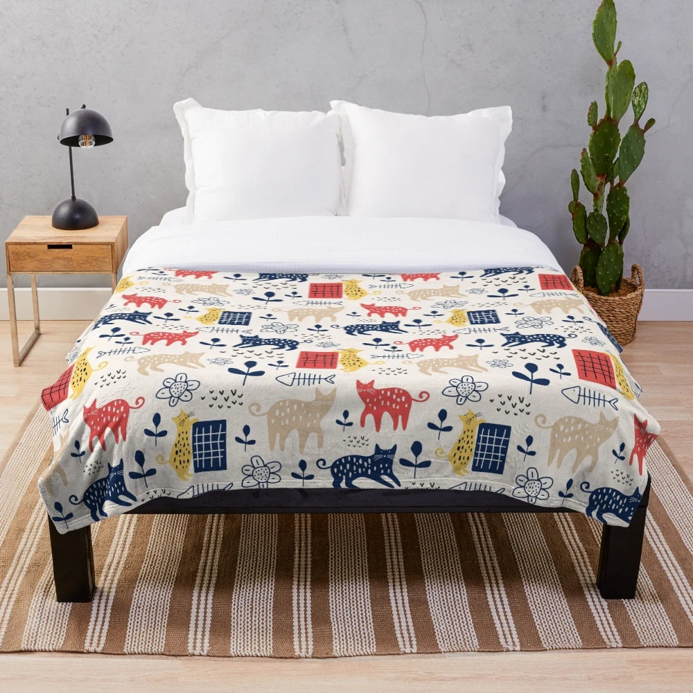 Cute cat illustration pattern plush blanket