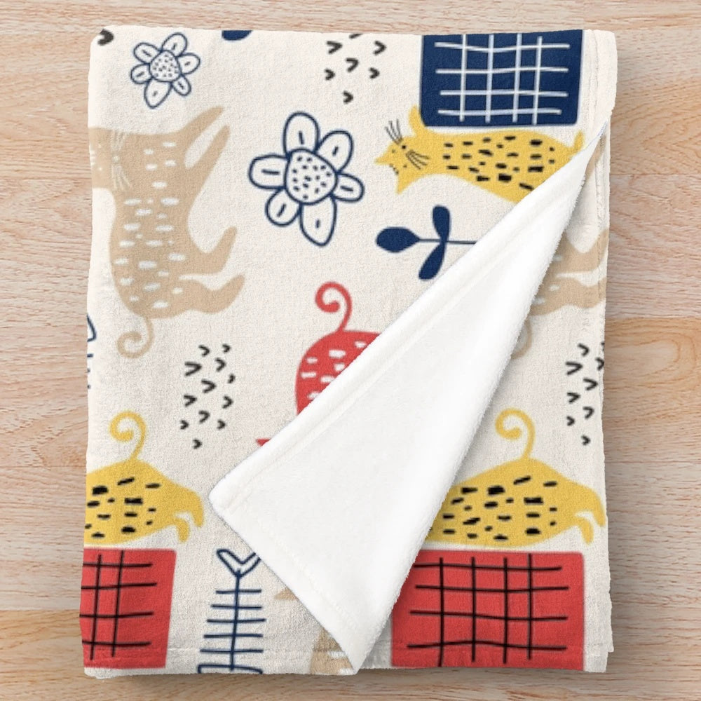 Cute cat illustration pattern plush blanket