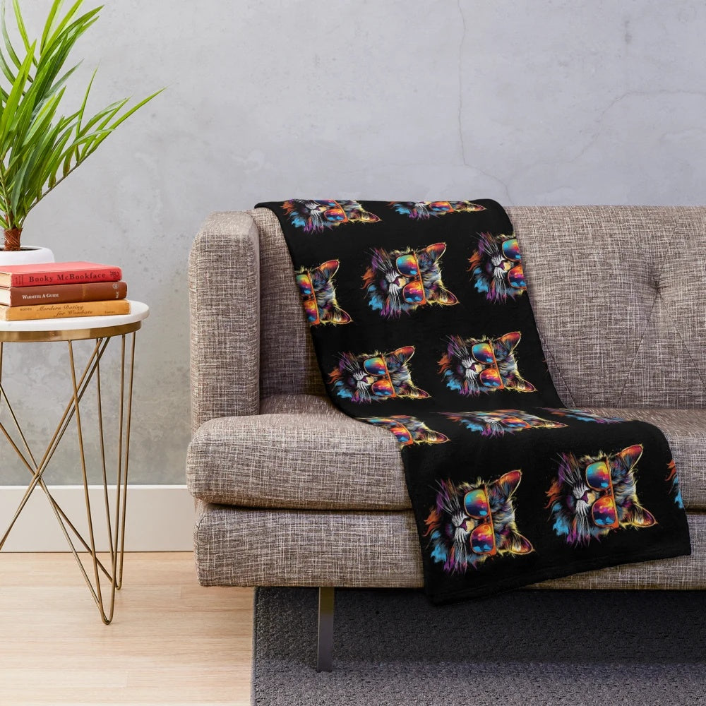 Cute and cozy plush blanket featuring a cat wearing sunglasses