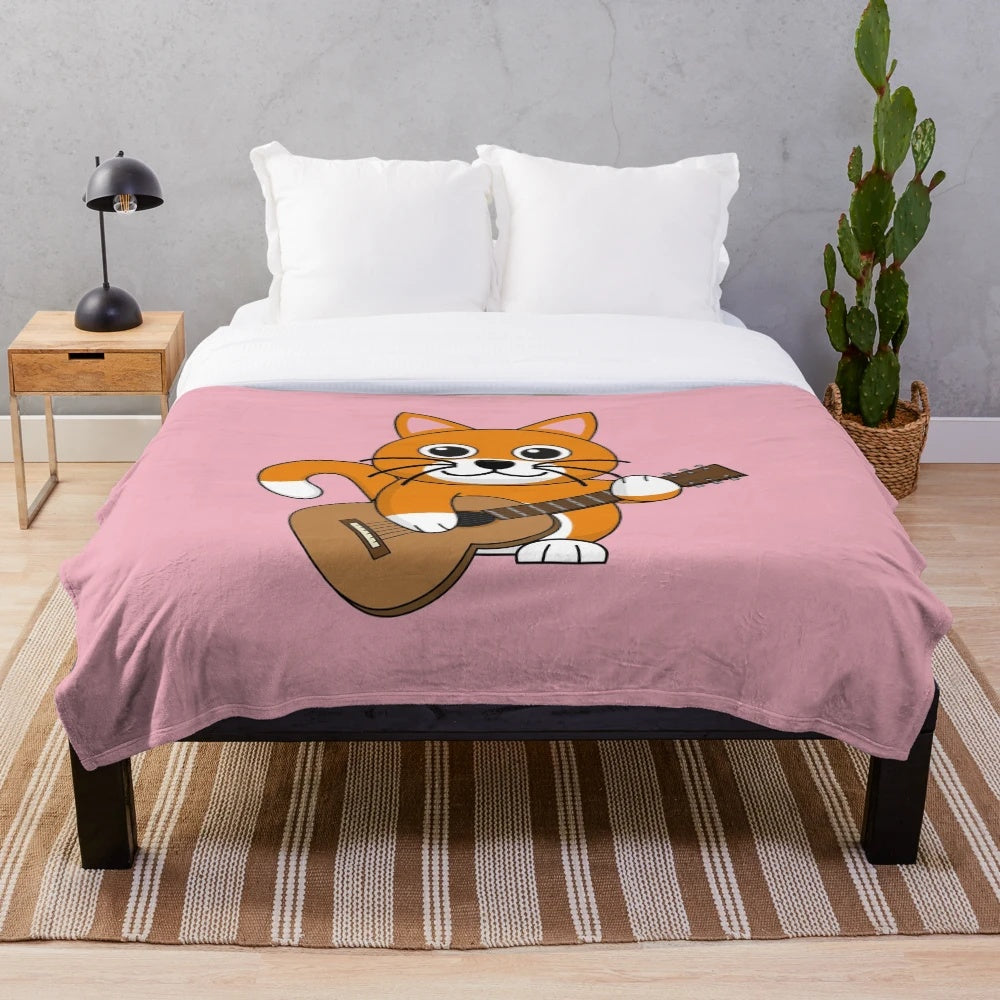 Cute cartoon cat playing guitar on a plush blanket