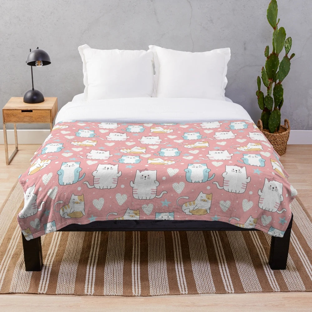 Soft and cozy plush blanket featuring an adorable cat pattern design with a vintage heart motif