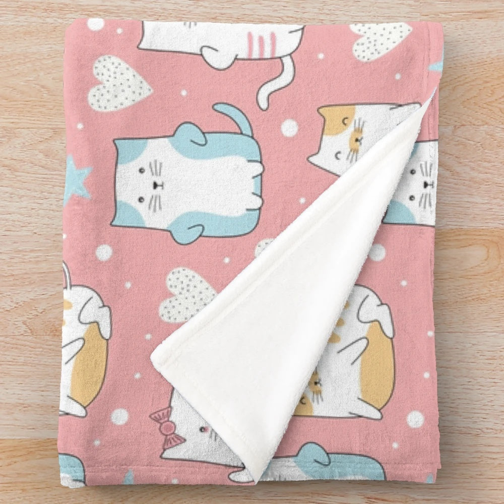 Soft and cozy plush blanket featuring an adorable cat pattern design with a vintage heart motif