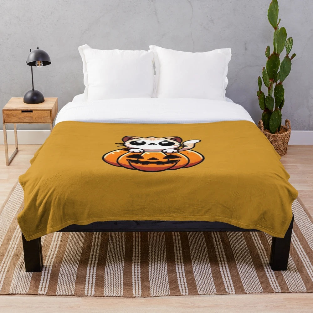A cozy plush blanket featuring a cute cat peeking out of a pumpkin design