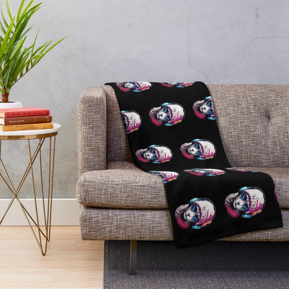 Cute cat in sunglasses, headphones and skull cap printed on a soft plush blanket