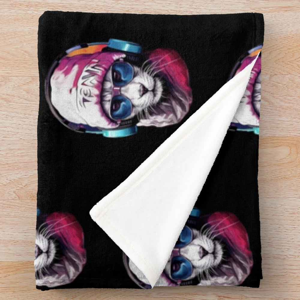 Cute cat in sunglasses, headphones and skull cap printed on a soft plush blanket