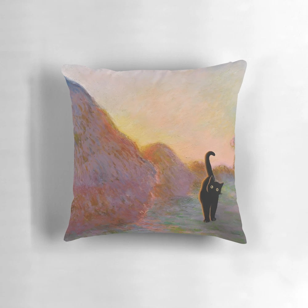 A decorative throw pillow featuring a cat print inspired by Claude Monet's famous Haystacks paintings.