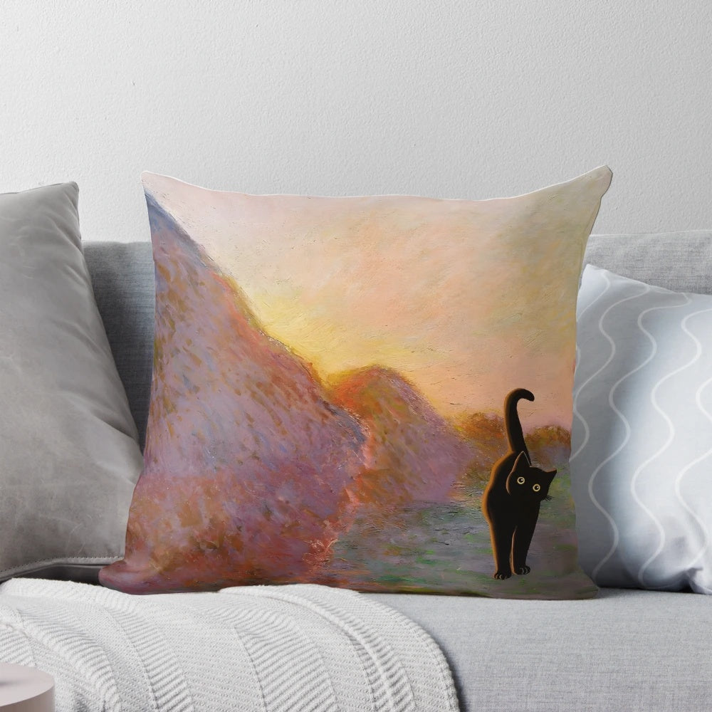 A decorative throw pillow featuring a cat print inspired by Claude Monet's famous Haystacks paintings.