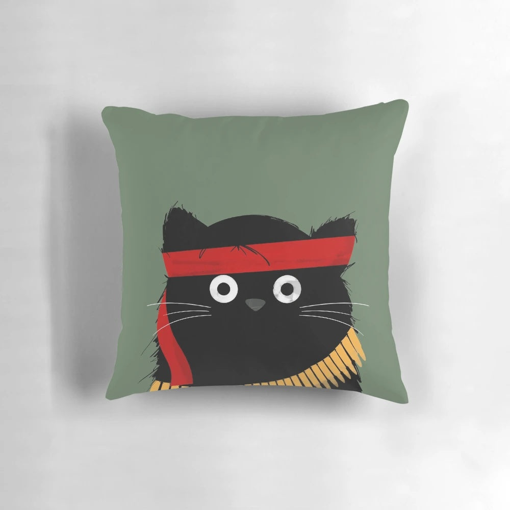 Cute and strong cat graphic pillow with Rambo-inspired design