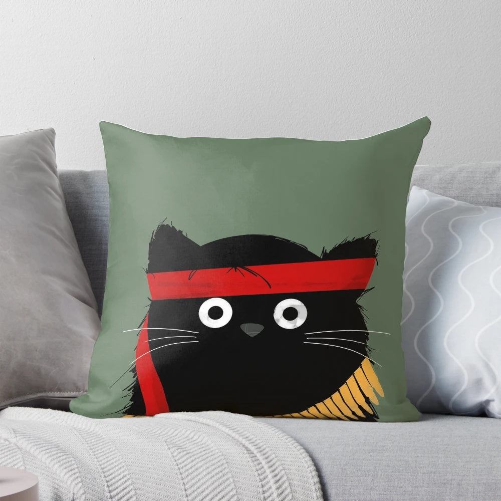 Cute and strong cat graphic pillow with Rambo-inspired design