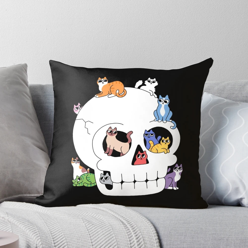 Whimsical throw pillow featuring a cute cat face peeking out of a skull, perfect for cat lovers