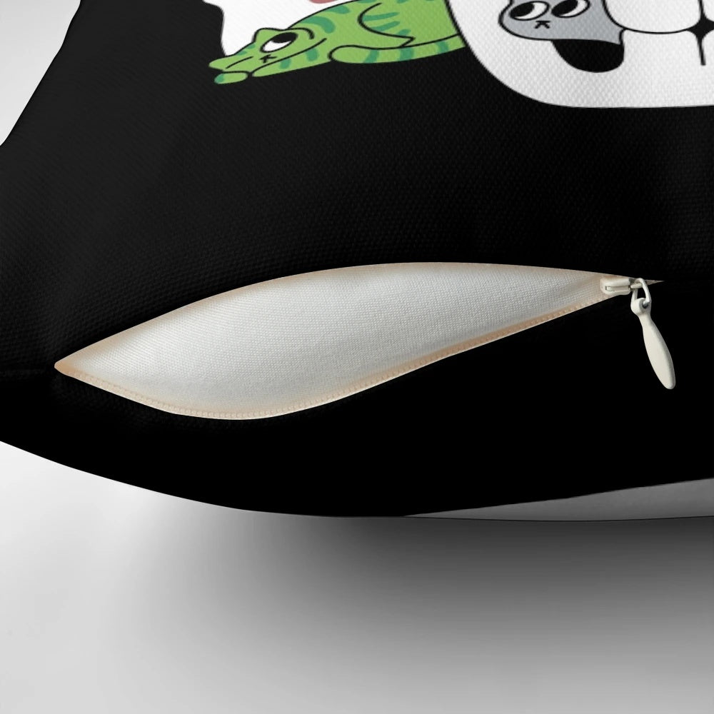 Whimsical throw pillow featuring a cute cat face peeking out of a skull, perfect for cat lovers