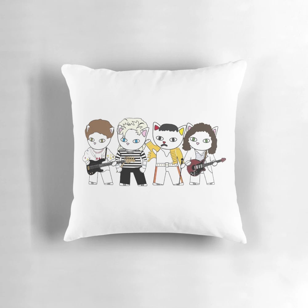 Cute cat-themed pillow featuring a playful rock band design